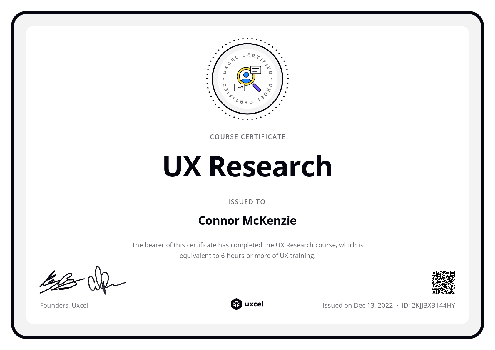 Connor McKenzie's certificate